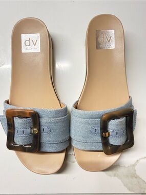 Dolce Vita Light Blue Denim Slide Mules with Tortoiseshell Buckle